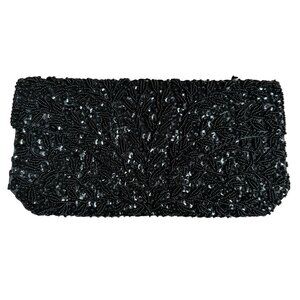 Vtg Beaded Evening Clutch‎ Black Intricate Sequin Detailing Handmade Hong Kong